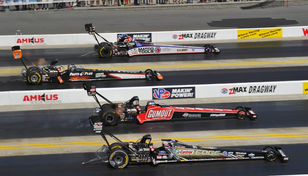 Photo: Ron Lewis Photography/JFR Racing First Round Top Fuel quad action with Antron Brown driving his Matco Tools dragster to advance against Clay Millican, Leah Pritchett, with Brittany Force finshing second in the round.