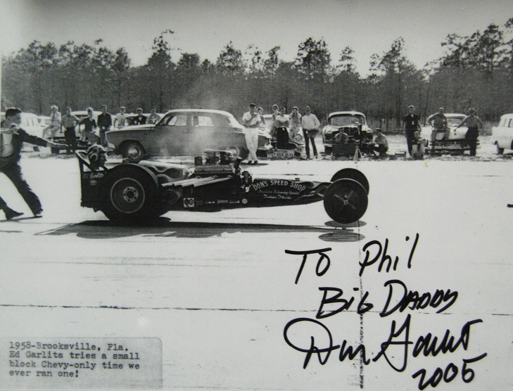 “Big Daddy” Don Garlits sent 1957 photo to “Firesuit Phil” Pofahl in 2005. Phil passed away in 2011, but his accomplishments need to be preserved.