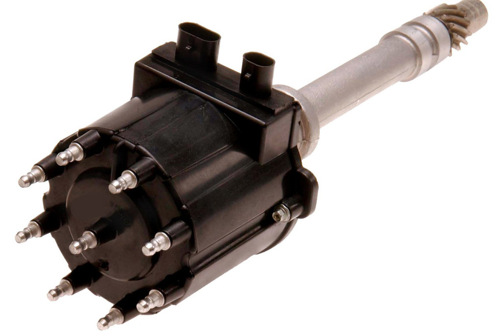 An example of an electronic ignition distributor. You can tell it's an electronic ignition model because there are two connectors on the side of the distributor.