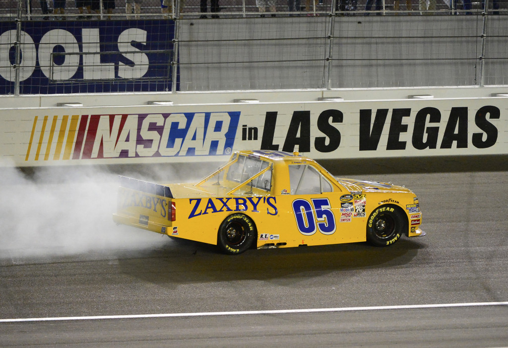 LAS VEGAS, NV - OCTOBER 3:  John Wes Townley driver of the #05 Zaxby's Chevrolet celebrates after winning the NASCAR Camping World Truck Series Rhino Linings 350 at the Las Vegas Motor Speedway on October 3, 2015 in Las Vegas, Nevada.  (Photo by Robert Laberge/NASCAR via Getty Images)