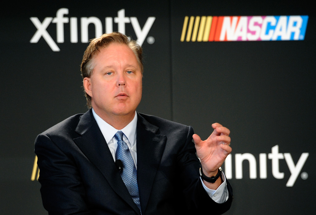 Brian France, CEO and chairman of NASCAR, speaks with the media during the NASCAR series partnership announcement at NASCAR Hall of Fame on September 3, 2014 in Charlotte, North Carolina. NASCAR and Xfinity announced a deal that will span ten years.  (Photo by Jared C. Tilton/NASCAR via Getty Images)
