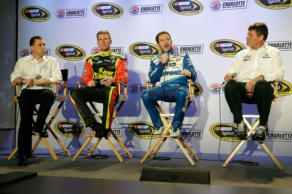  Rob Kauffman, left, drivers Clint Bowyer and Brian Vickers and team owner Michael Waltrip, right, speak to the media during the NASCAR Sprint Media Tour at the Charlotte Convention Center on January 27, 2015 in Charlotte, North Carolina. (Photo by Bob Leverone/NASCAR via Getty Images)
