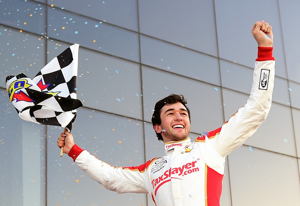Chase Elliott, driver of the #88 TaxSlayer.com Chevrolet, celebrates in Victory Lane after winning the NASCAR XFINITY Series PowerShares QQQ 300 at Daytona International Speedway on February 20, 2016 in Daytona Beach, Florida.  (Photo by Jared C. Tilton/Getty Images)