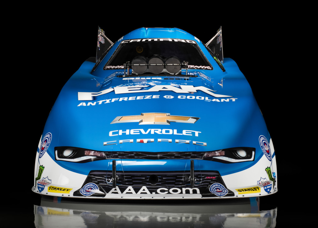 Chevrolet and 16-time NHRA champion John Force unveil the all-new 2016 Camaro SS Funny Car Tuesday, May 17, 2016 in Brownsburg, Indiana. The new Funny Car body is the first based on the sixth-generation Camaro SS. Force will race the new Funny Car this weekend at the NHRA Kansas Nationals in Topeka, Kansas. Forces teammates Courtney Force and Robert Hight will introduce new Camaro SS Funny Cars later this season. (Photo by Eric Meyer for Chevy Racing)