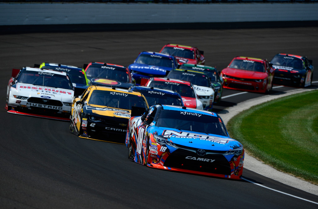 INDIANAPOLIS, IN - JULY 23:  Kyle Busch, driver of the #18 NOS Energy Drink Toyota, leads the field during the NASCAR XFINITY Series Lilly Diabetes 250 Heat #1 at Indianapolis Motor Speedway on July 23, 2016 in Indianapolis, Indiana.  (Photo by Robert Laberge/Getty Images)