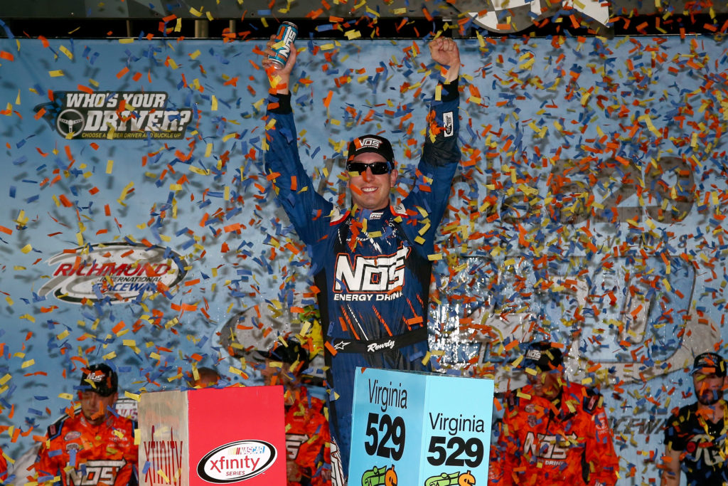 Kyle Busch, driver of the #18 NOS Toyota, celebrates in Victory Lane after winning the NASCAR XFINITY Series Virginia529 College Savings 250 at Richmond International Raceway on September 9, 2016 in Richmond, Virginia.  (Photo by Sarah Crabill/Getty Images)