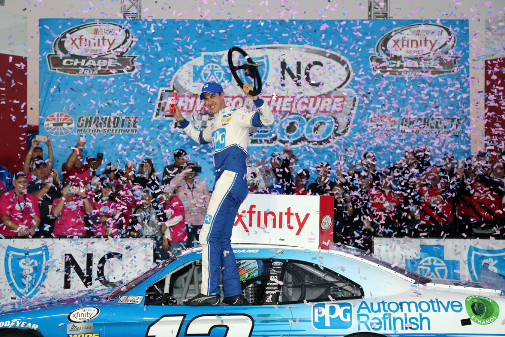 Joey Logano Leaps to the Lead, Winning Race for the Cure 300