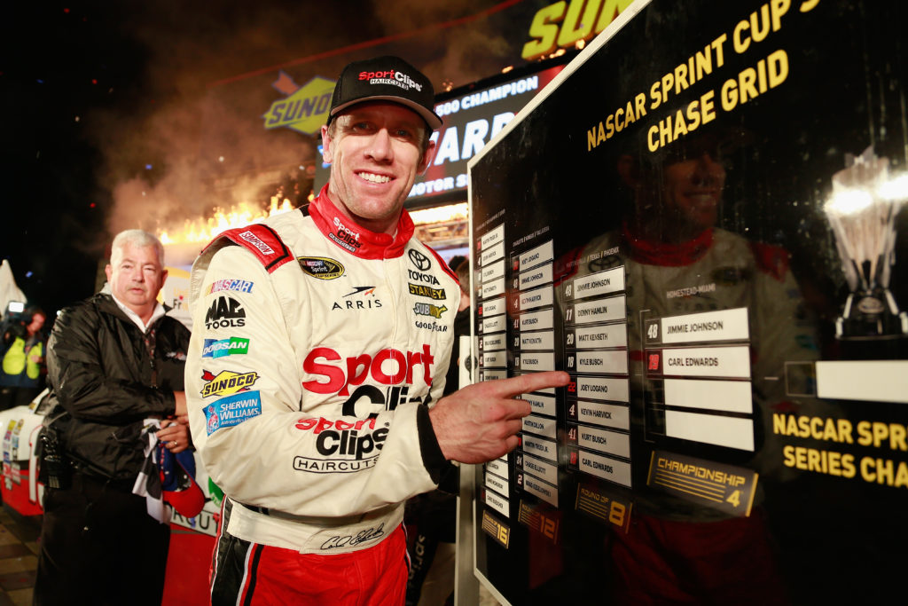  Carl Edwards, driver of the #19 Sport Clips Toyota, points to the Championship Round of the Chase Grid in Victory Lane after winning the rain-shortened NASCAR Sprint Cup Series AAA Texas 500 at Texas Motor Speedway on November 6, 2016 in Fort Worth, Texas. (Photo by Matt Sullivan/NASCAR via Getty Images)