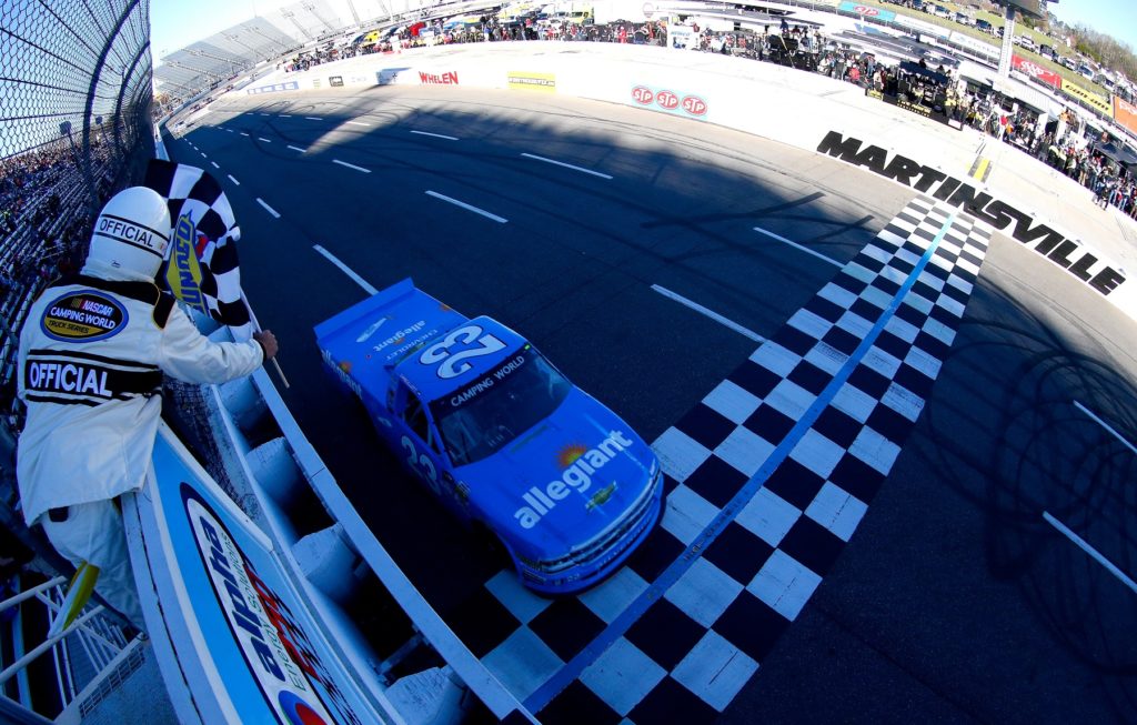   Chase Elliott, driver of the #23 Allegiant Airlines/NAPA Chevrolet, wins the NASCAR Camping World Truck Series Alpha Energy Solutions 250 at Martinsville Speedway on April 1, 2017 in Martinsville, Virginia.  (Photo by Sean Gardner/Getty Images)