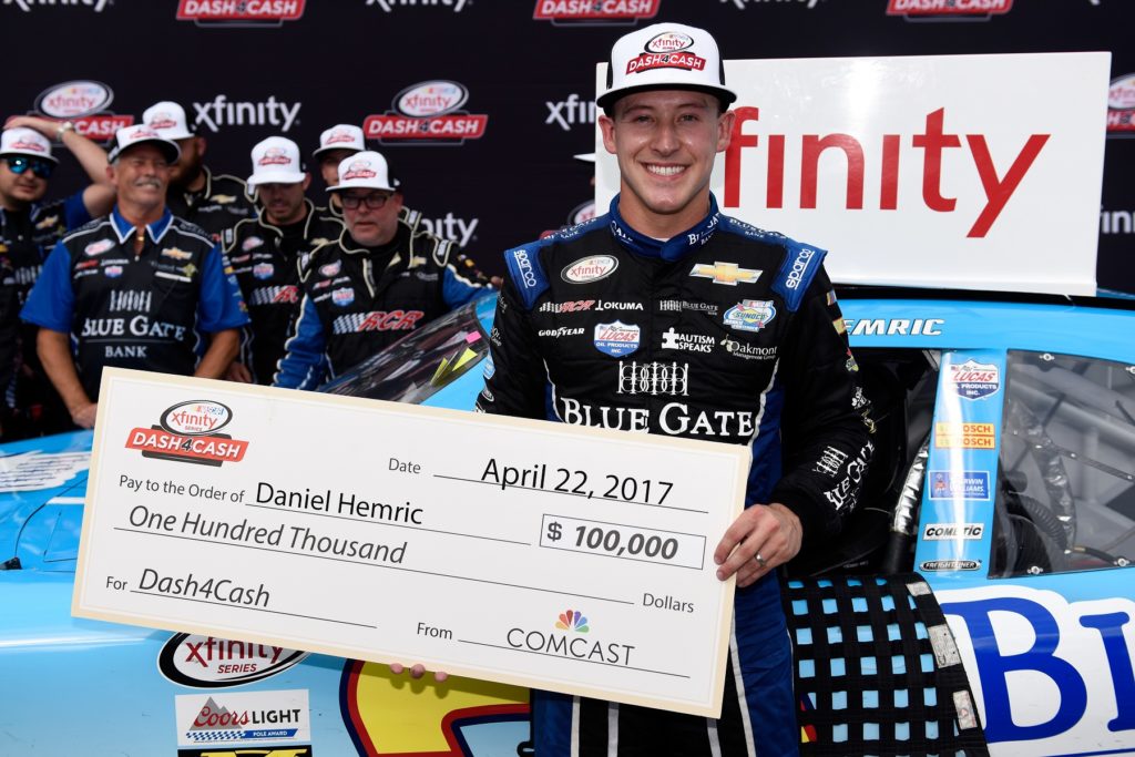 BRISTOL, TN - APRIL 22: Daniel Hemric, driver of the #21 Blue Gate Bank Chevrolet, celebrates winning the Dash 4 Cash award after the NASCAR XFINITY Series Fitzgerald Glider Kits 300 at Bristol Motor Speedway on April 22, 2017 in Bristol, Tennessee. (Photo by Jared C. Tilton/Getty Images)