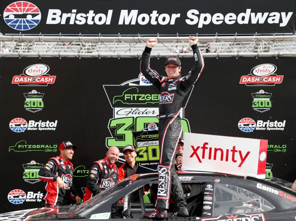 BRISTOL, TN - APRIL 22: Erik Jones, driver of the #20 Reser's American Classic Toyota, celebrates in Victory Lane after winning the NASCAR XFINITY Series Fitzgerald Glider Kits 300 at Bristol Motor Speedway on April 22, 2017 in Bristol, Tennessee. (Photo by Matt Sullivan/Getty Images)
