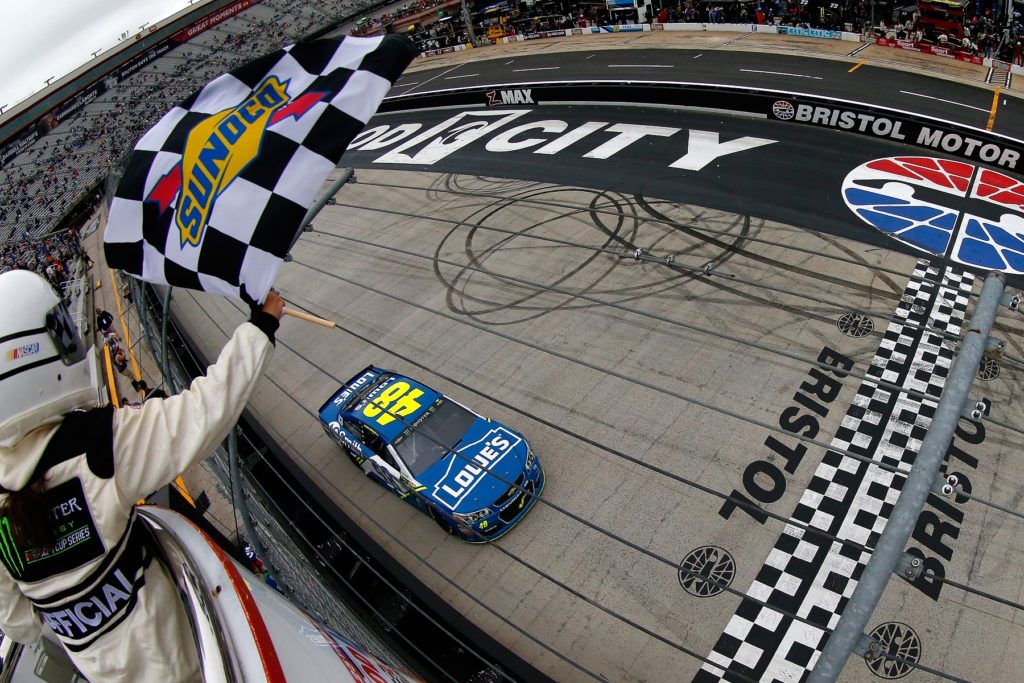 BRISTOL, TN - APRIL 24: Jimmie Johnson, driver of the #48 Lowe's Chevrolet, crosses the finish line to win the Monster Energy NASCAR Cup Series Food City 500 at Bristol Motor Speedway on April 24, 2017 in Bristol, Tennessee. (Photo by Sean Gardner/Getty Images)