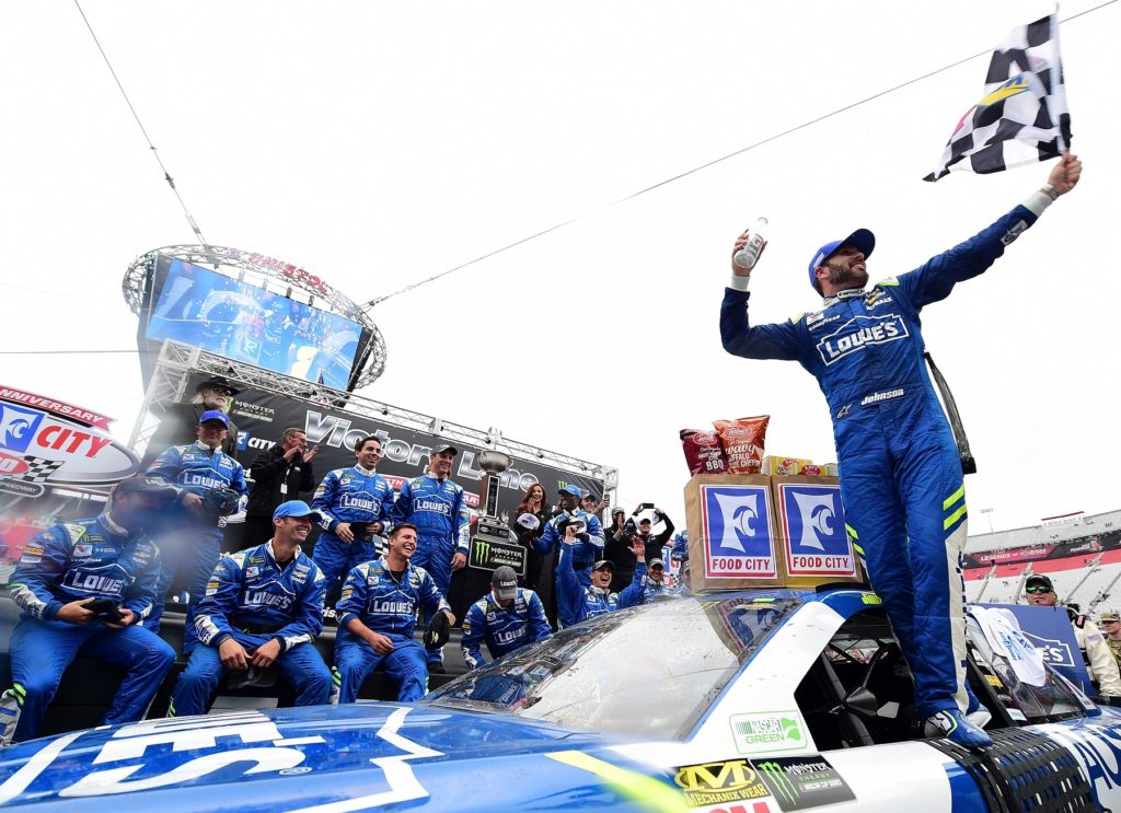 BRISTOL, TN - APRIL 24: Jimmie Johnson, driver of the #48 Lowe's Chevrolet, celebrates in Victory Lane after winning the Monster Energy NASCAR Cup Series Food City 500 at Bristol Motor Speedway on April 24, 2017 in Bristol, Tennessee. (Photo by Jared C. Tilton/Getty Images)