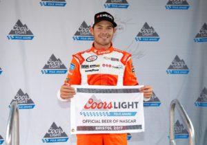 BRISTOL, TN - APRIL 22: Kyle Larson, driver of the #42 ENEOS Chevrolet, poses with the Coors Light Pole Award for the NASCAR XFINITY Series Fitzgerald Glider Kits 300 at Bristol Motor Speedway on April 22, 2017 in Bristol, Tennessee. (Photo by Matt Sullivan/Getty Images)