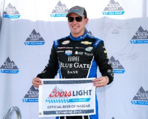 RICHMOND, VA - APRIL 29:  Daniel Hemric, driver of the #21 Blue Gate Bank Chevrolet, poses with the Coors Light Pole Award after qualifying for the NASCAR XFINITY Series ToyotaCare 250 at Richmond International Raceway on April 29, 2017 in Richmond, Virginia.  (Photo by Matt Sullivan/Getty Images)