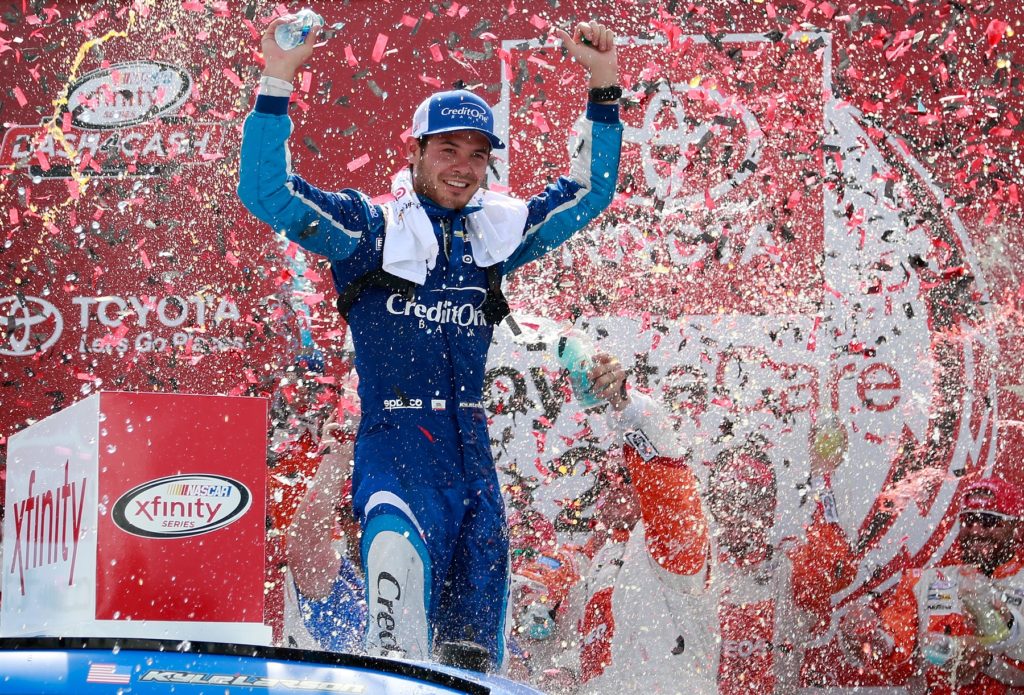 RICHMOND, VA - APRIL 29:  Kyle Larson, driver of the #42 Credit One Bank Chevrolet, celebrates in Victory Lane after winning the NASCAR XFINITY Series ToyotaCare 250 at Richmond International Raceway on April 29, 2017 in Richmond, Virginia.  (Photo by Matt Sullivan/Getty Images)