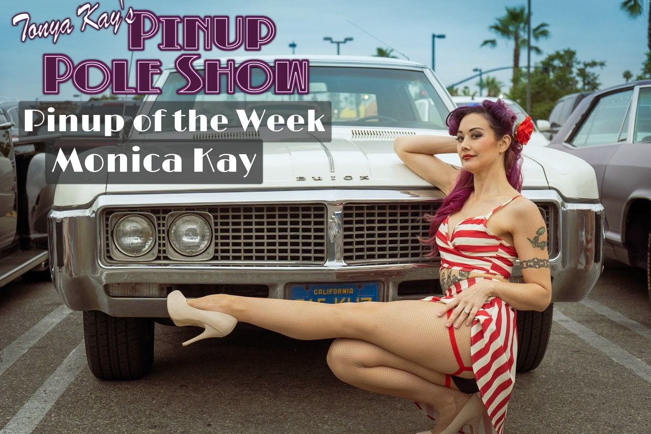 Pinup Pole Show: Monica Kay with a White Buick