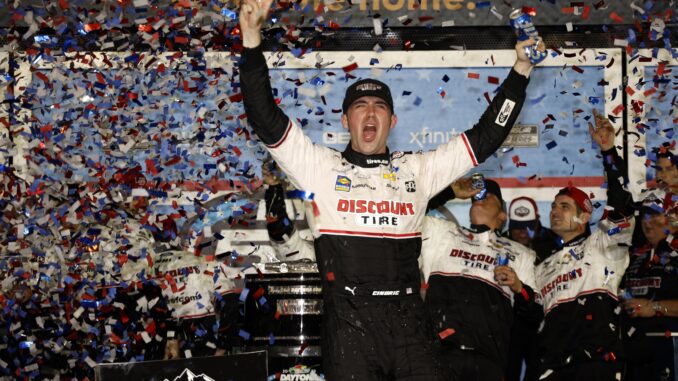 Austin Cindric celebrates his Dayton 500 victory