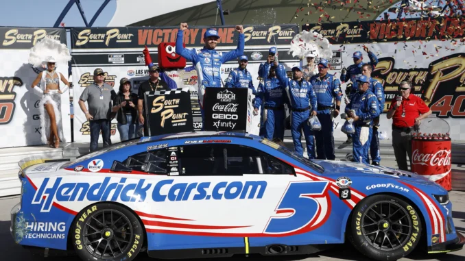 LAS VEGAS, NEVADA - OCTOBER 15: Kyle Larson, driver of the #5 HendrickCars.com Chevrolet, celebrates in victory lane after winning the NASCAR Cup Series South Point 400 at Las Vegas Motor Speedway on October 15, 2023 in Las Vegas, Nevada. (Photo by Chris Graythen/Getty Images)