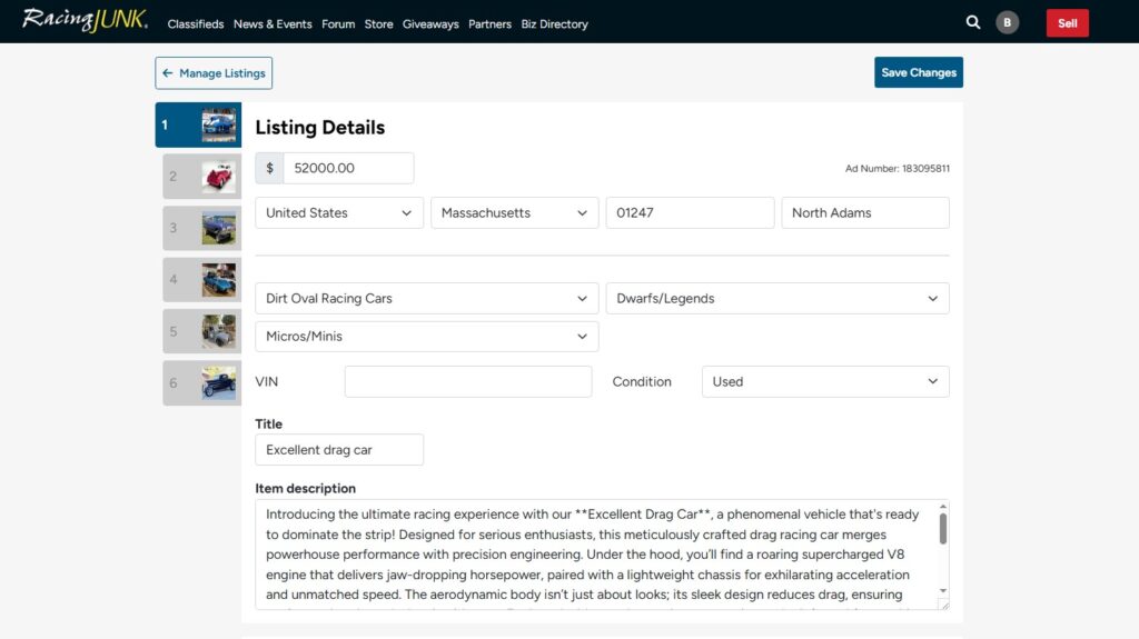 New "Edit Listing" Page Improvements Live on RacingJunk